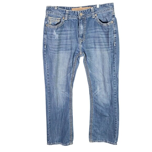 Mens Rock & Roll Cowboy Distressed Blue Denim Jeans Straight Fit Size 34X32